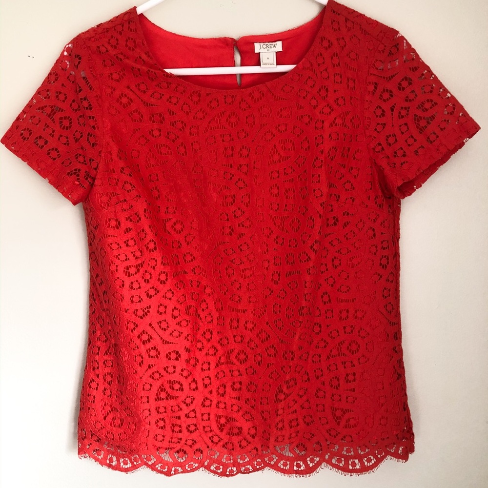 J Crew Lace Overlay Red Top